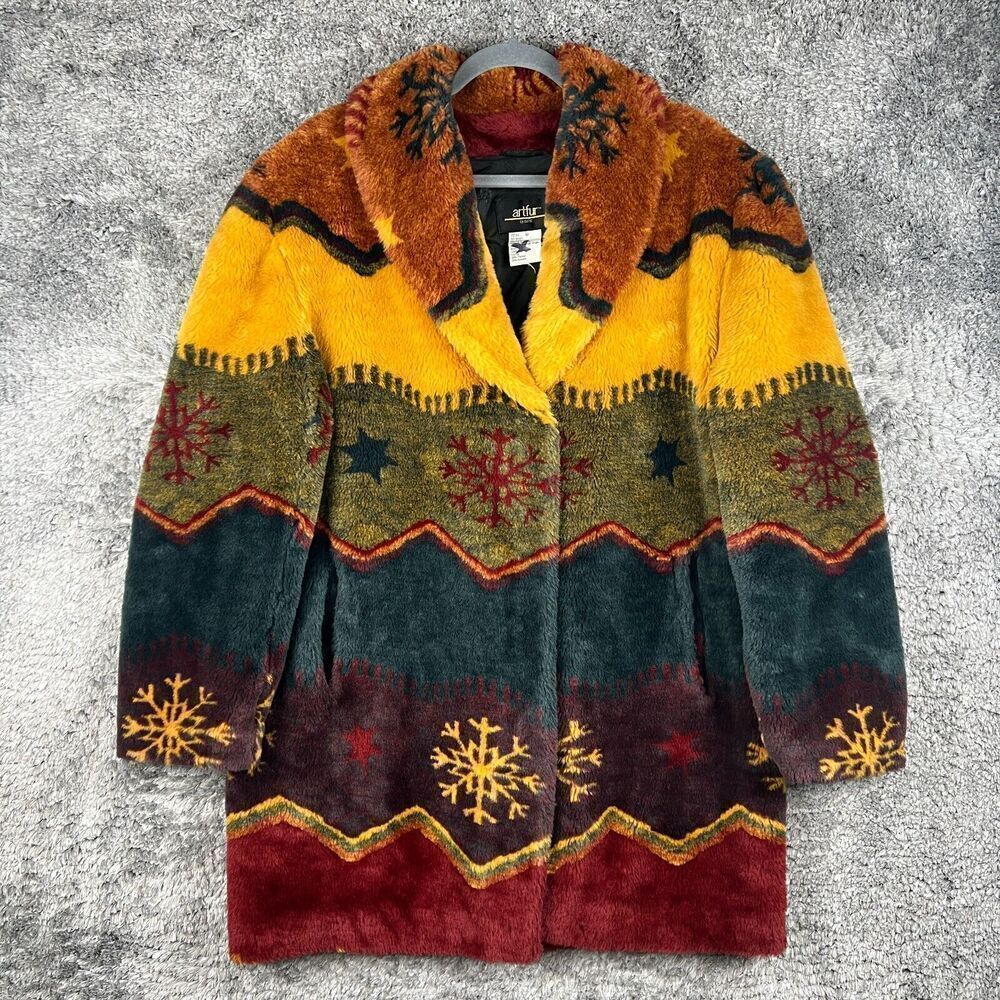 Vintage Artfur by Duffel Long Faux Fur Jacket Woman's Size M Winter Scene